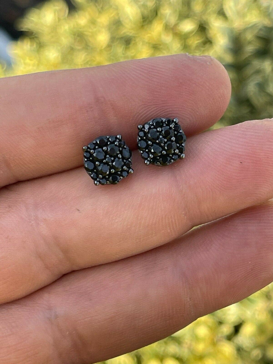 HarlemBling Real Solid 925 Silver Hip Hop Black Diamond Earrings 1/3 Cluster Round Studs