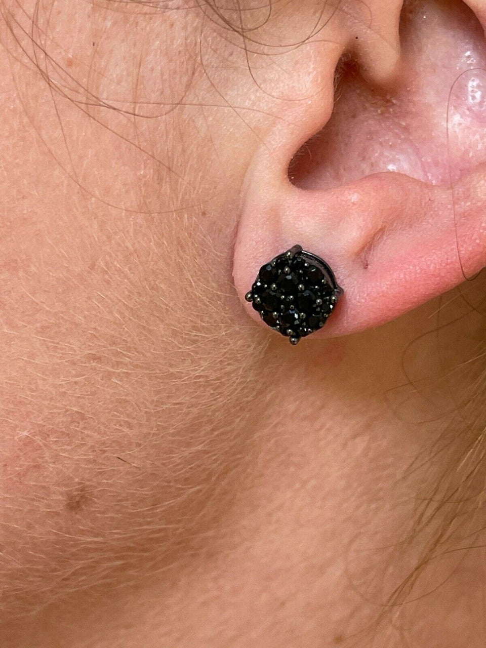 HarlemBling Real Solid 925 Silver Hip Hop Black Diamond Earrings 1/3 Cluster Round Studs