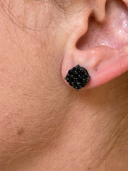 HarlemBling Real Solid 925 Silver Hip Hop Black Diamond Earrings 1/3 Cluster Round Studs