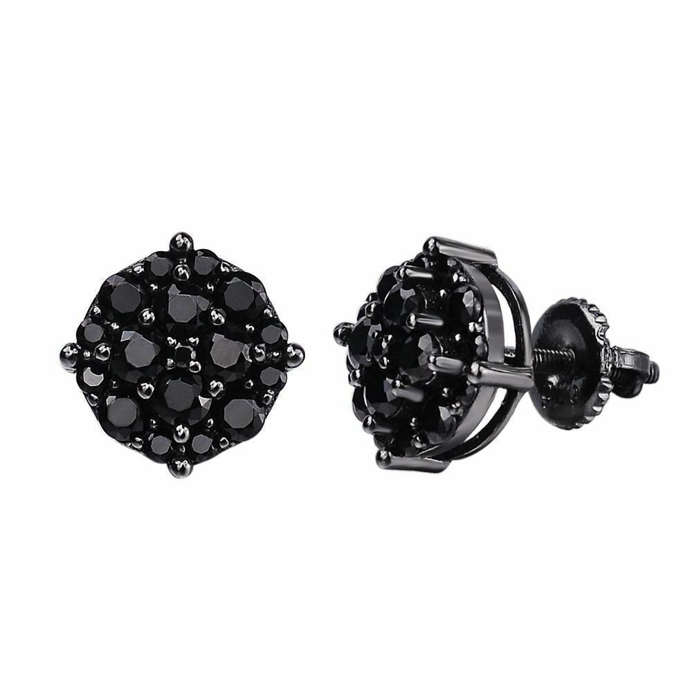 HarlemBling Real Solid 925 Silver Hip Hop Black Diamond Earrings 1/3 Cluster Round Studs