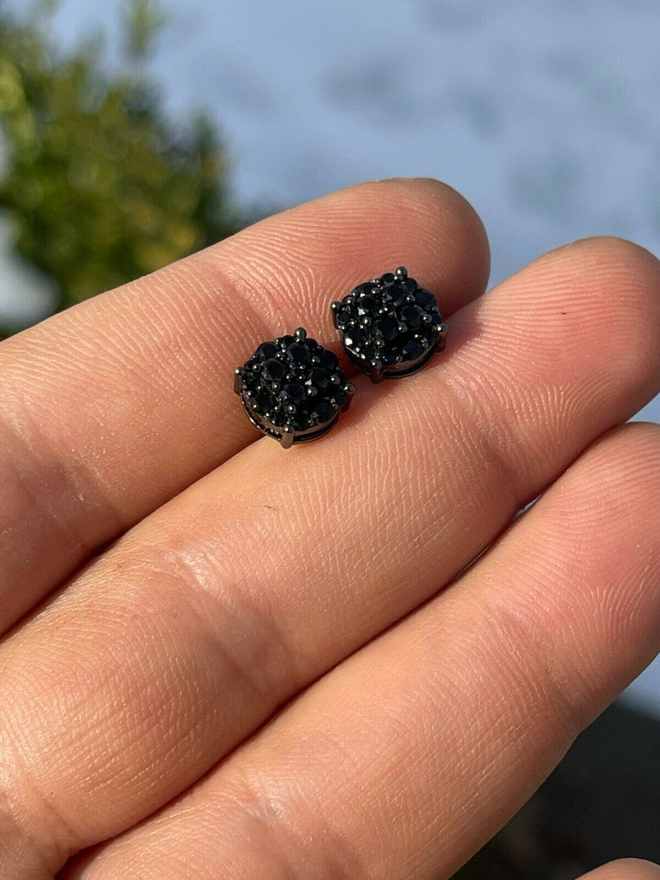 HarlemBling Real Solid 925 Silver Hip Hop Black Diamond Earrings 1/3 Cluster Round Studs