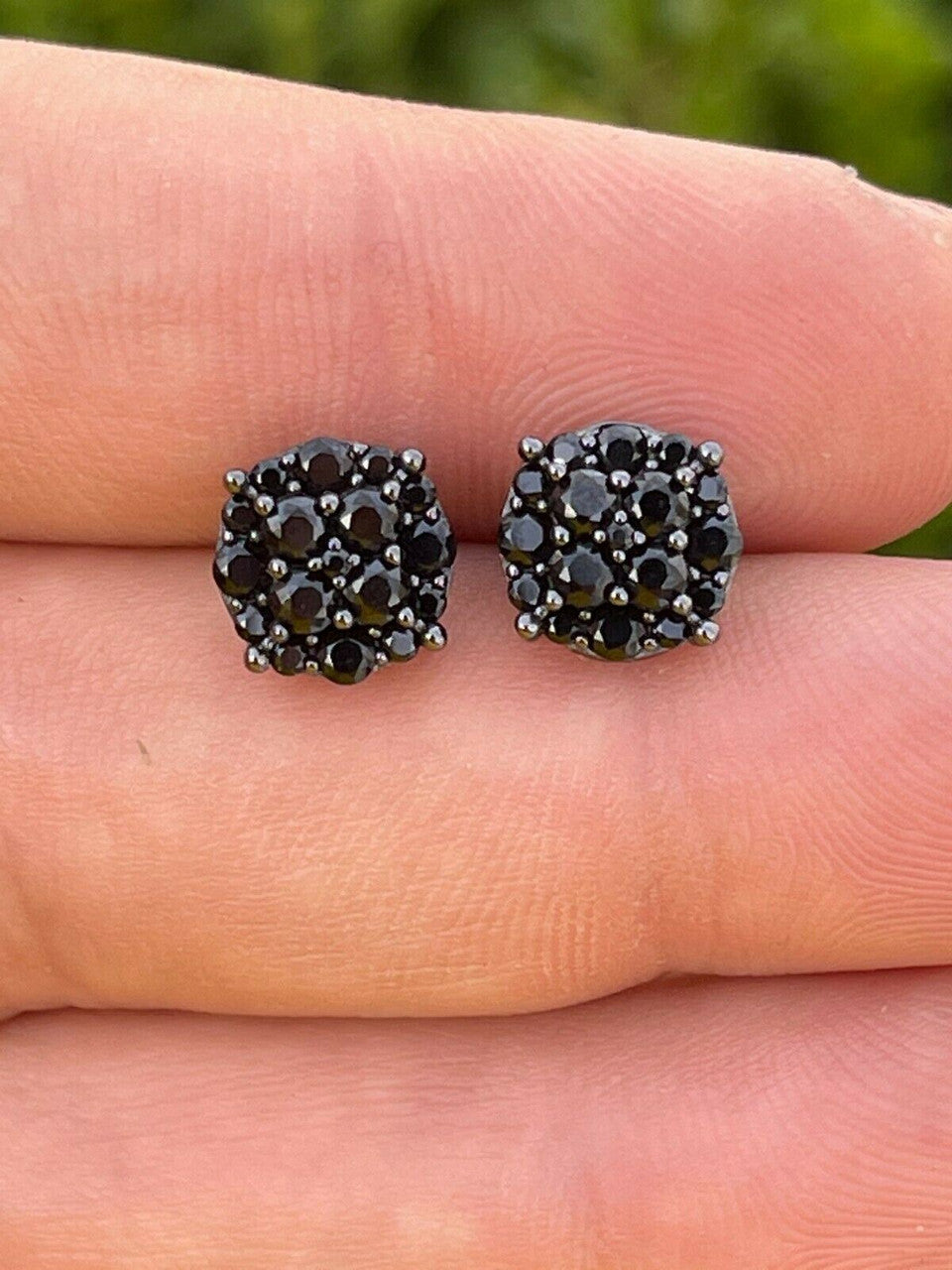 HarlemBling Real Solid 925 Silver Hip Hop Black Diamond Earrings 1/3 Cluster Round Studs
