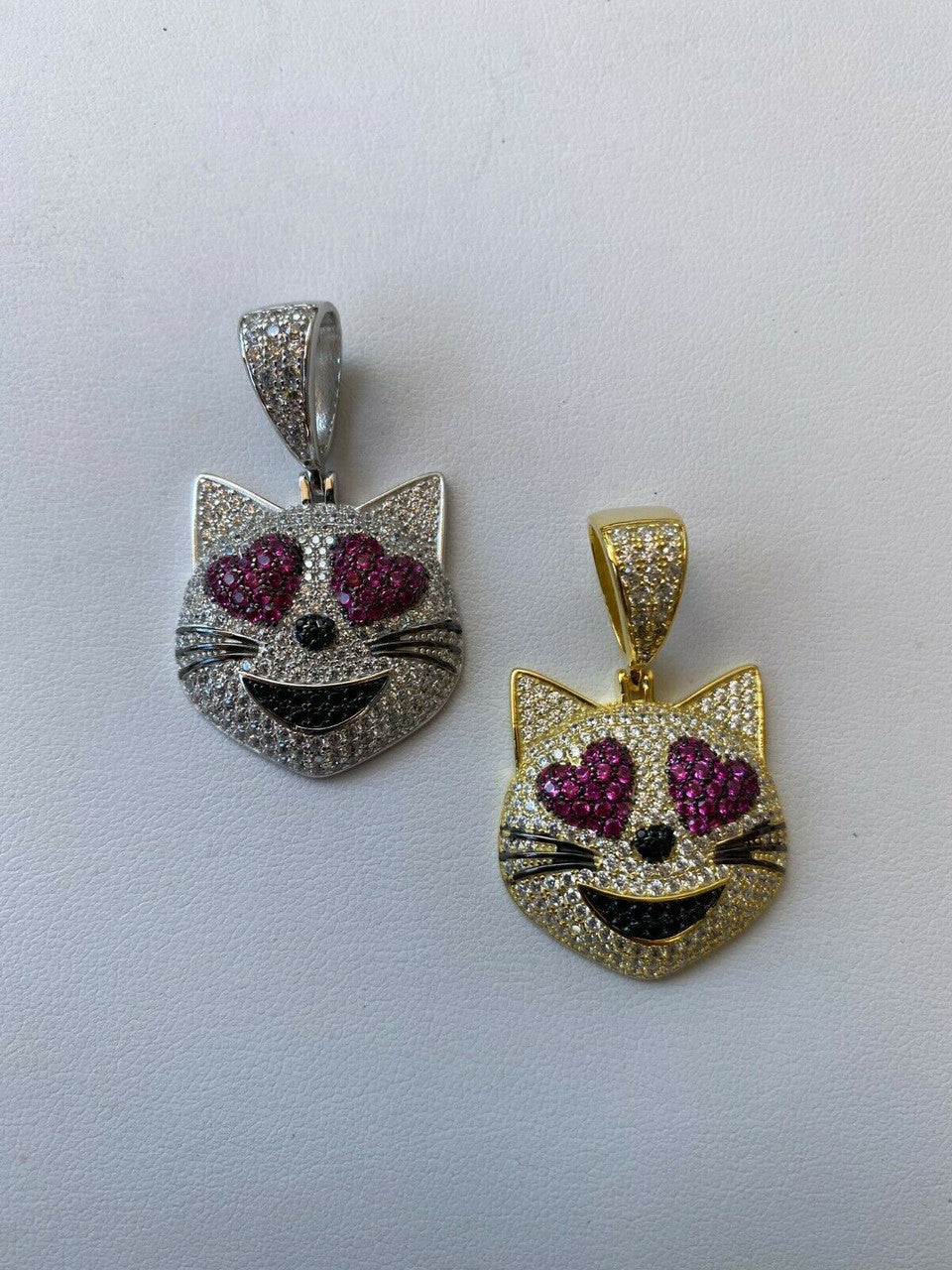 HarlemBling Real Solid 925 Silver Hip Hop Cat Heart Love Emoji Pendant Necklace Iced Gold