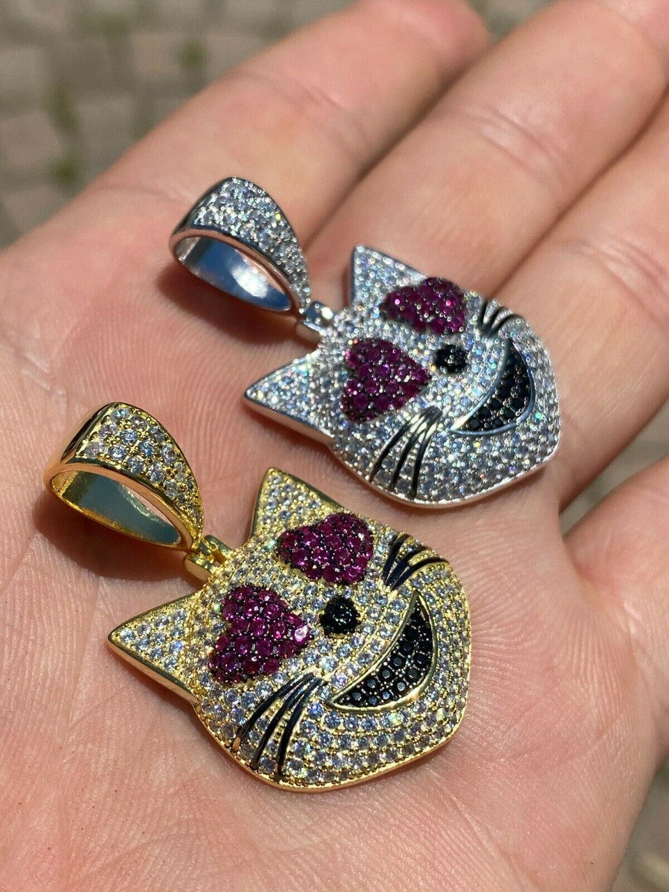 HarlemBling Real Solid 925 Silver Hip Hop Cat Heart Love Emoji Pendant Necklace Iced Gold
