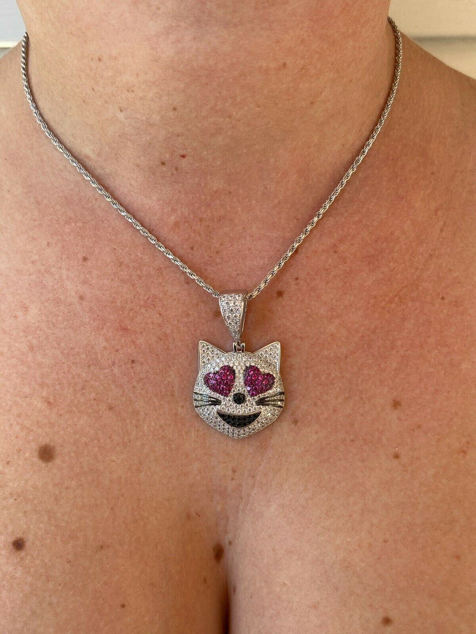 HarlemBling Real Solid 925 Silver Hip Hop Cat Heart Love Emoji Pendant Necklace Iced Gold