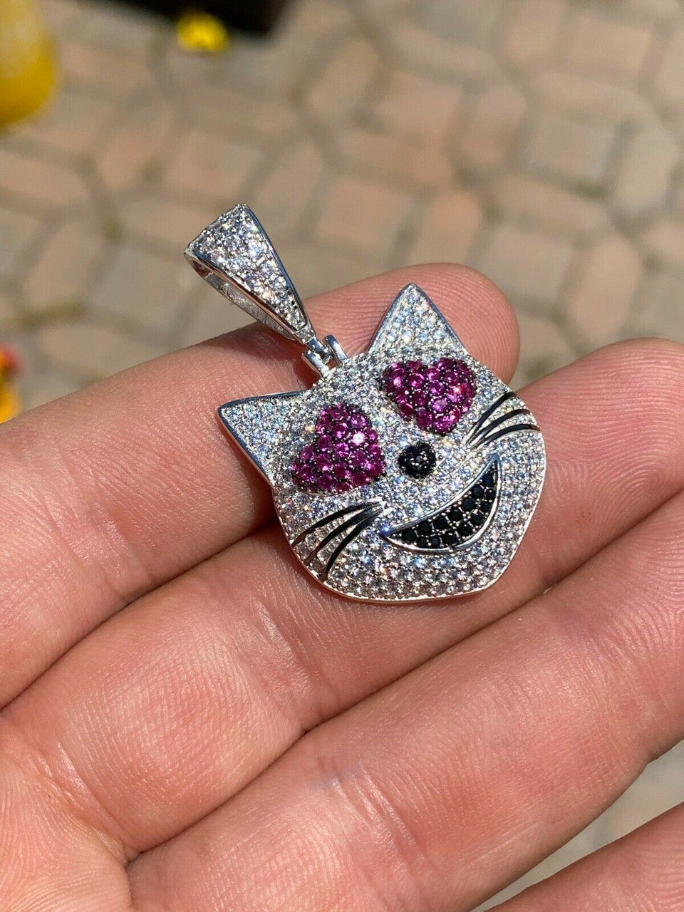 HarlemBling Real Solid 925 Silver Hip Hop Cat Heart Love Emoji Pendant Necklace Iced Gold