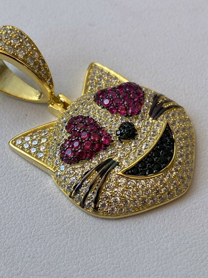HarlemBling Real Solid 925 Silver Hip Hop Cat Heart Love Emoji Pendant Necklace Iced Gold