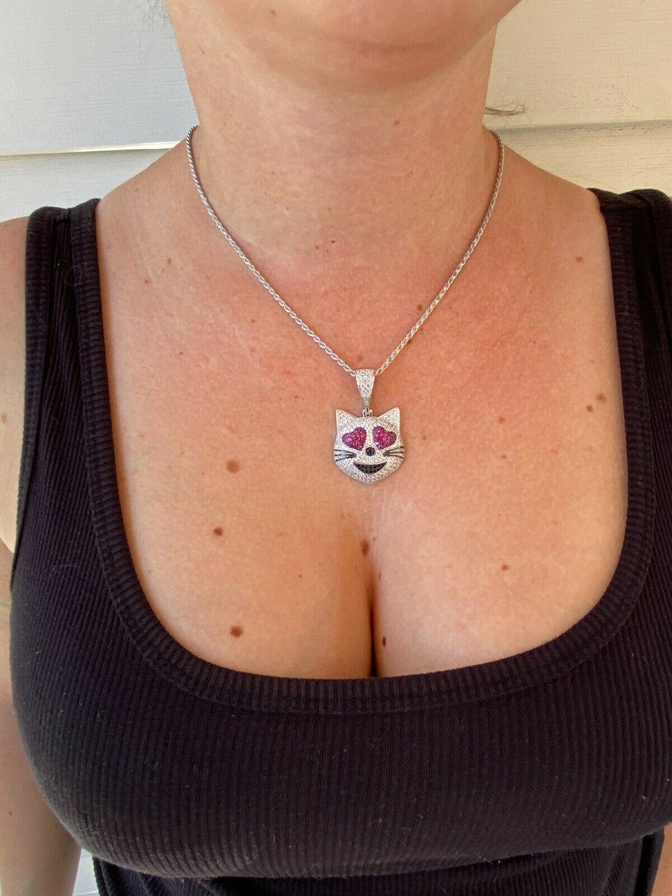 HarlemBling Real Solid 925 Silver Hip Hop Cat Heart Love Emoji Pendant Necklace Iced Gold