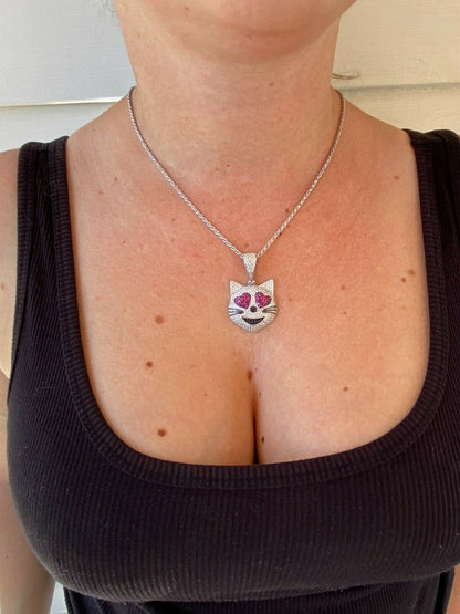 HarlemBling Real Solid 925 Silver Hip Hop Cat Heart Love Emoji Pendant Necklace Iced Gold