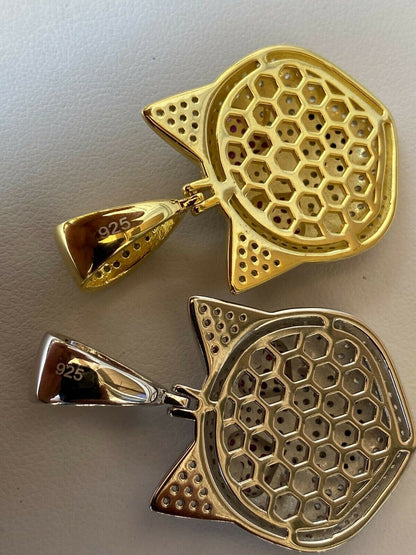 HarlemBling Real Solid 925 Silver Hip Hop Cat Heart Love Emoji Pendant Necklace Iced Gold