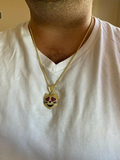 HarlemBling Real Solid 925 Silver Hip Hop Cat Heart Love Emoji Pendant Necklace Iced Gold