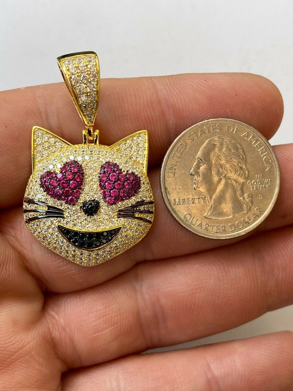 HarlemBling Real Solid 925 Silver Hip Hop Cat Heart Love Emoji Pendant Necklace Iced Gold