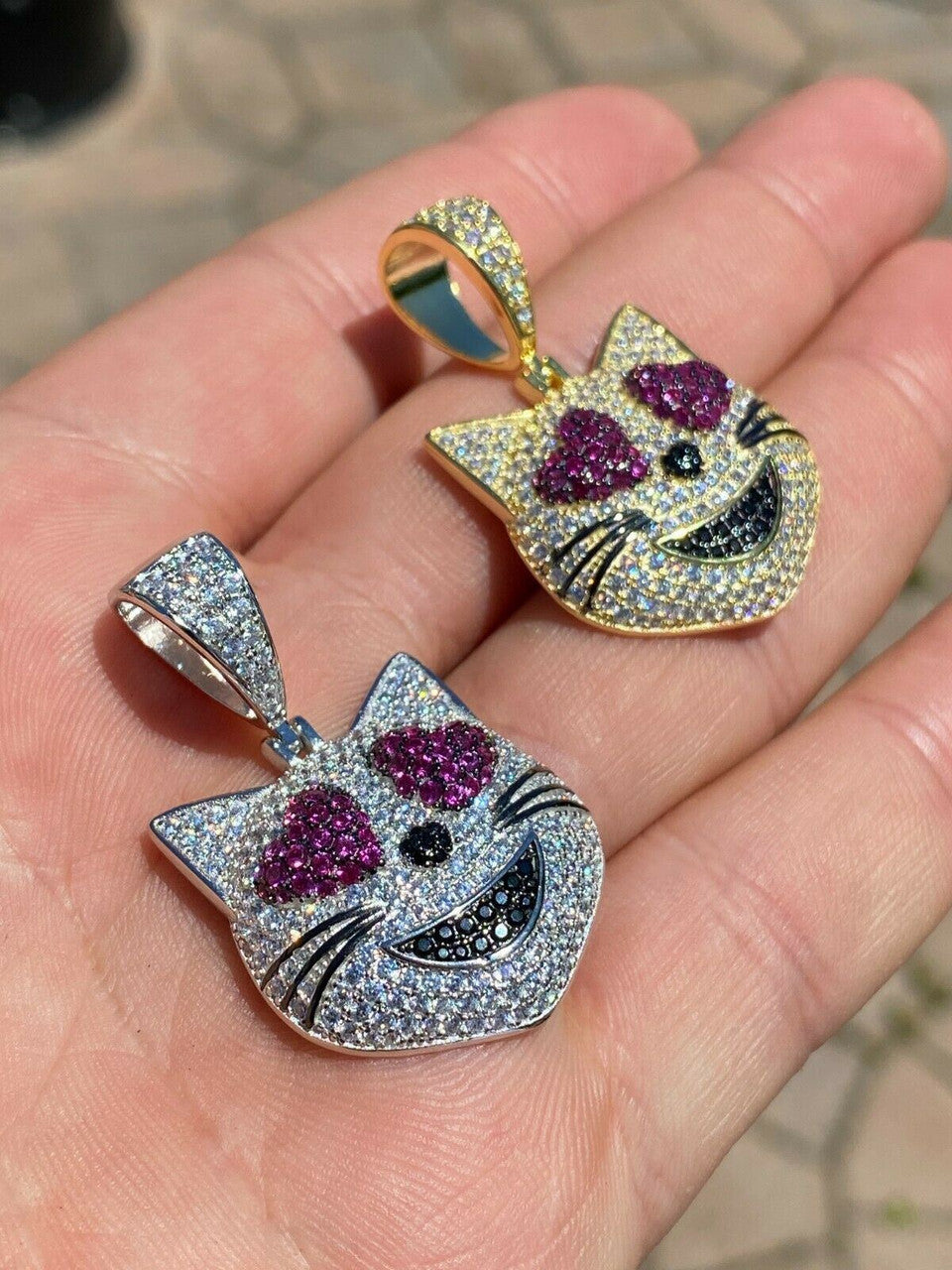 HarlemBling Real Solid 925 Silver Hip Hop Cat Heart Love Emoji Pendant Necklace Iced Gold