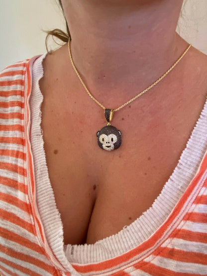 HarlemBling Real Solid 925 Silver Hip Hop Monkey Face Emoji Pendant Necklace Iced Gold