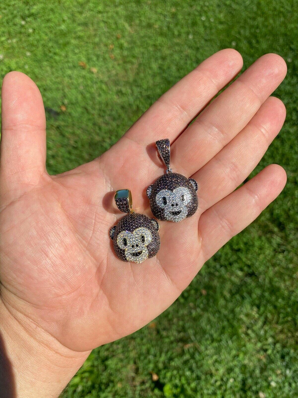 HarlemBling Real Solid 925 Silver Hip Hop Monkey Face Emoji Pendant Necklace Iced Gold