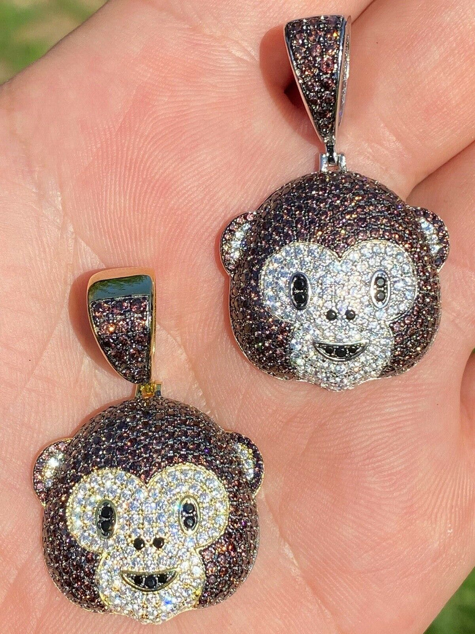 HarlemBling Real Solid 925 Silver Hip Hop Monkey Face Emoji Pendant Necklace Iced Gold