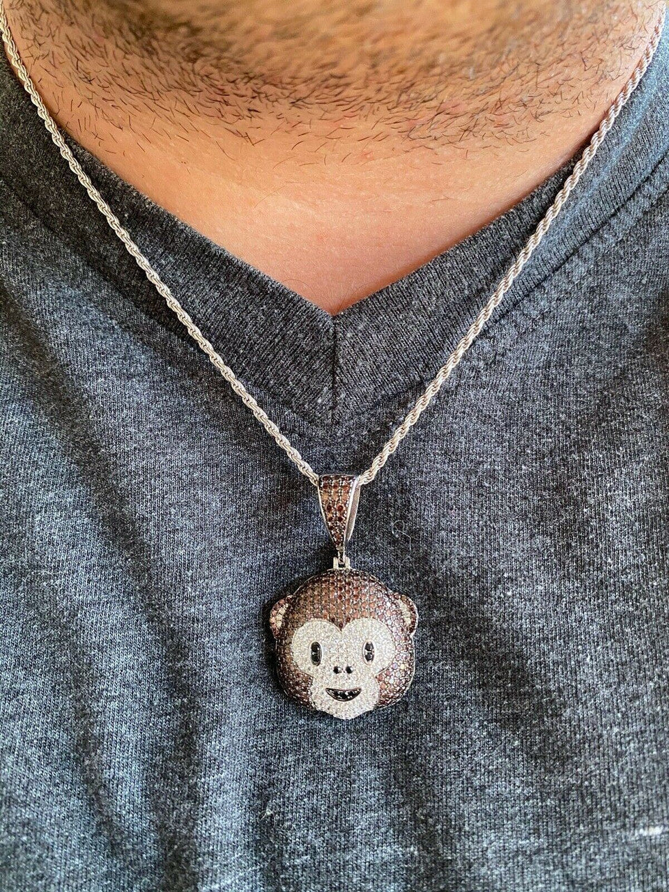 Real Solid 925 Silver Hip Hop Monkey Face Emoji Pendant Necklace