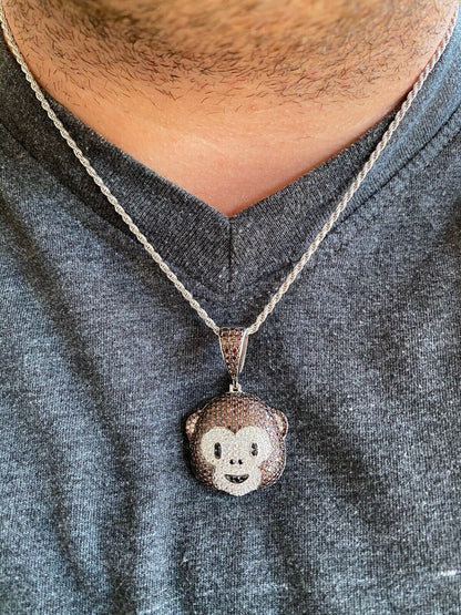HarlemBling Real Solid 925 Silver Hip Hop Monkey Face Emoji Pendant Necklace Iced Gold