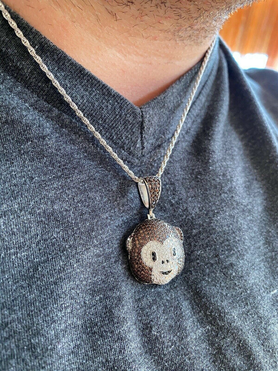 HarlemBling Real Solid 925 Silver Hip Hop Monkey Face Emoji Pendant Necklace Iced Gold