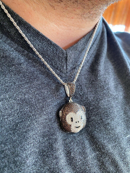 HarlemBling Real Solid 925 Silver Hip Hop Monkey Face Emoji Pendant Necklace Iced Gold
