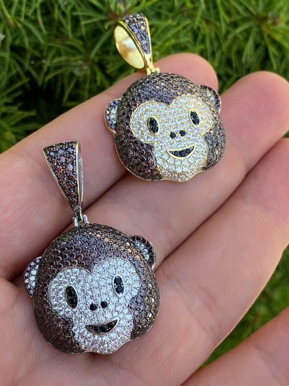 HarlemBling Real Solid 925 Silver Hip Hop Monkey Face Emoji Pendant Necklace Iced Gold