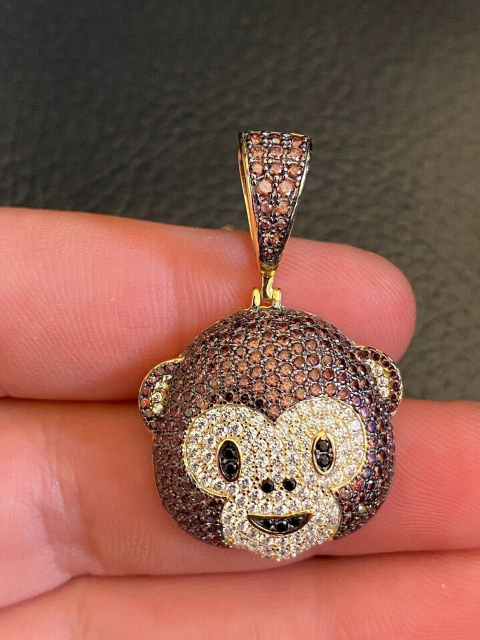 HarlemBling Real Solid 925 Silver Hip Hop Monkey Face Emoji Pendant Necklace Iced Gold