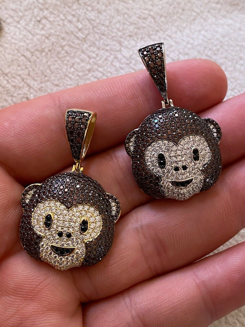 HarlemBling Real Solid 925 Silver Hip Hop Monkey Face Emoji Pendant Necklace Iced Gold