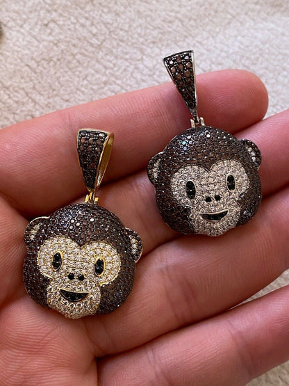 HarlemBling Real Solid 925 Silver Hip Hop Monkey Face Emoji Pendant Necklace Iced Gold