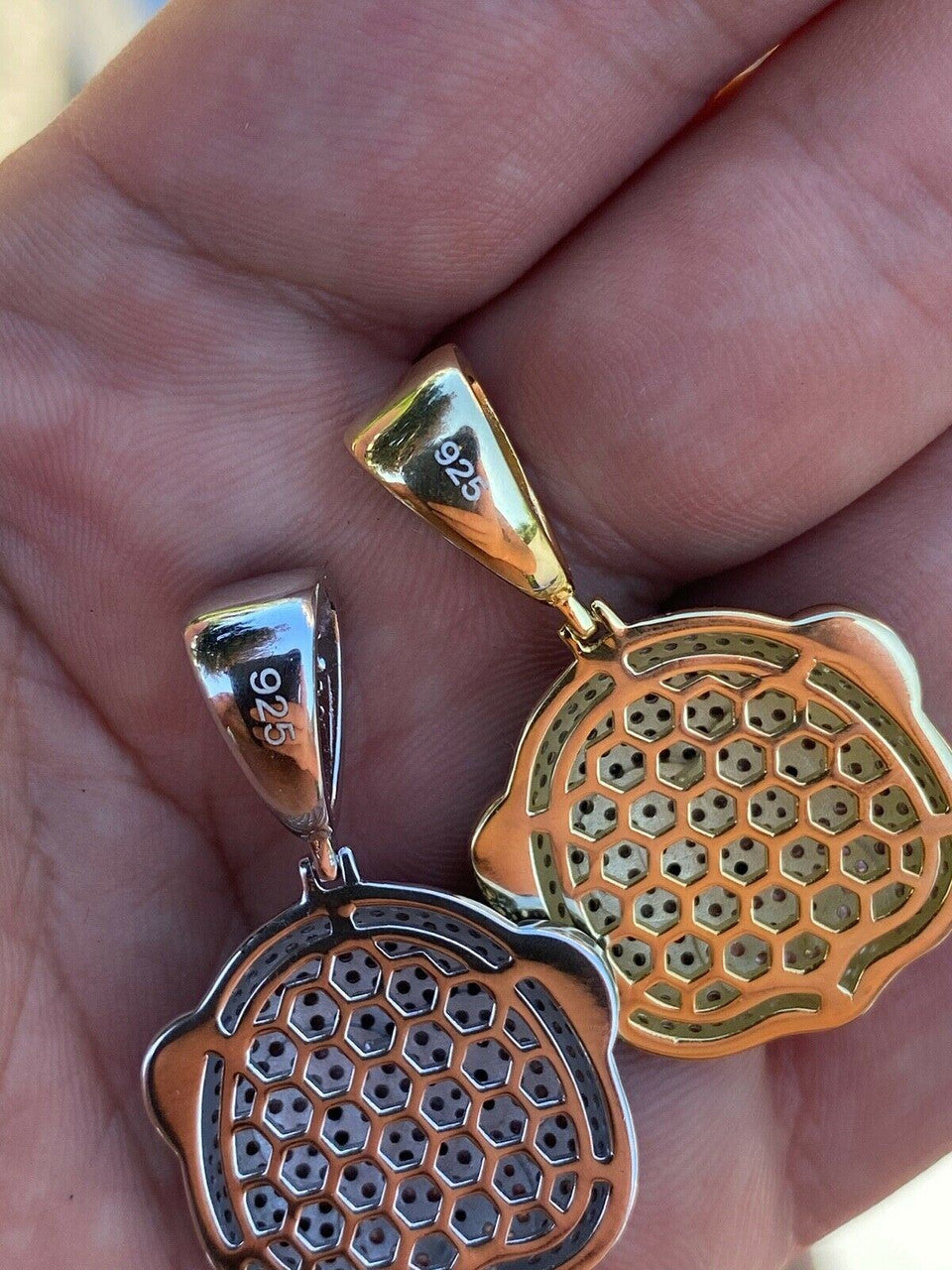 HarlemBling Real Solid 925 Silver Hip Hop Monkey Face Emoji Pendant Necklace Iced Gold