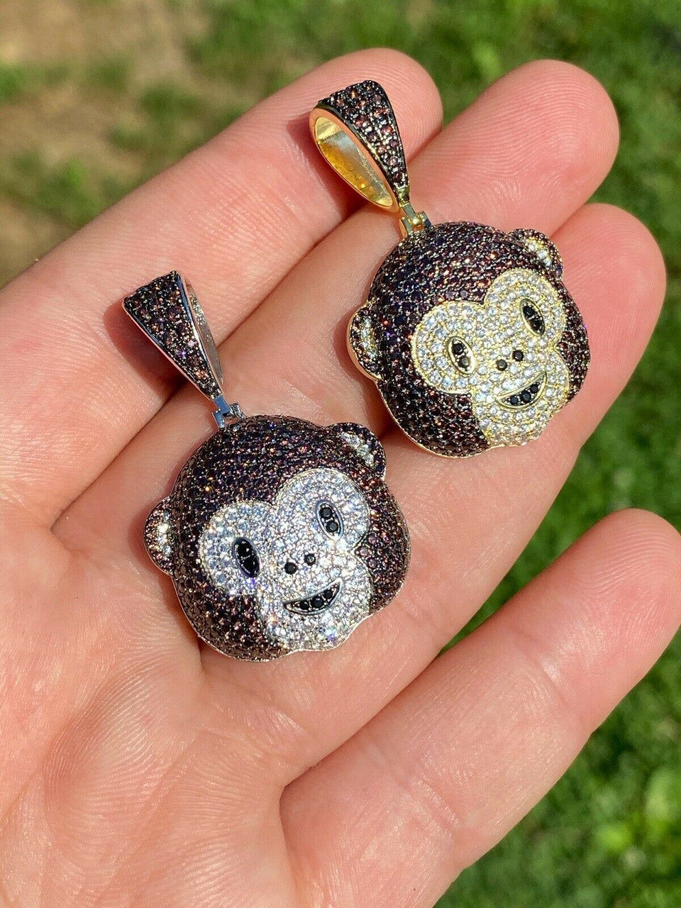 HarlemBling Real Solid 925 Silver Hip Hop Monkey Face Emoji Pendant Necklace Iced Gold
