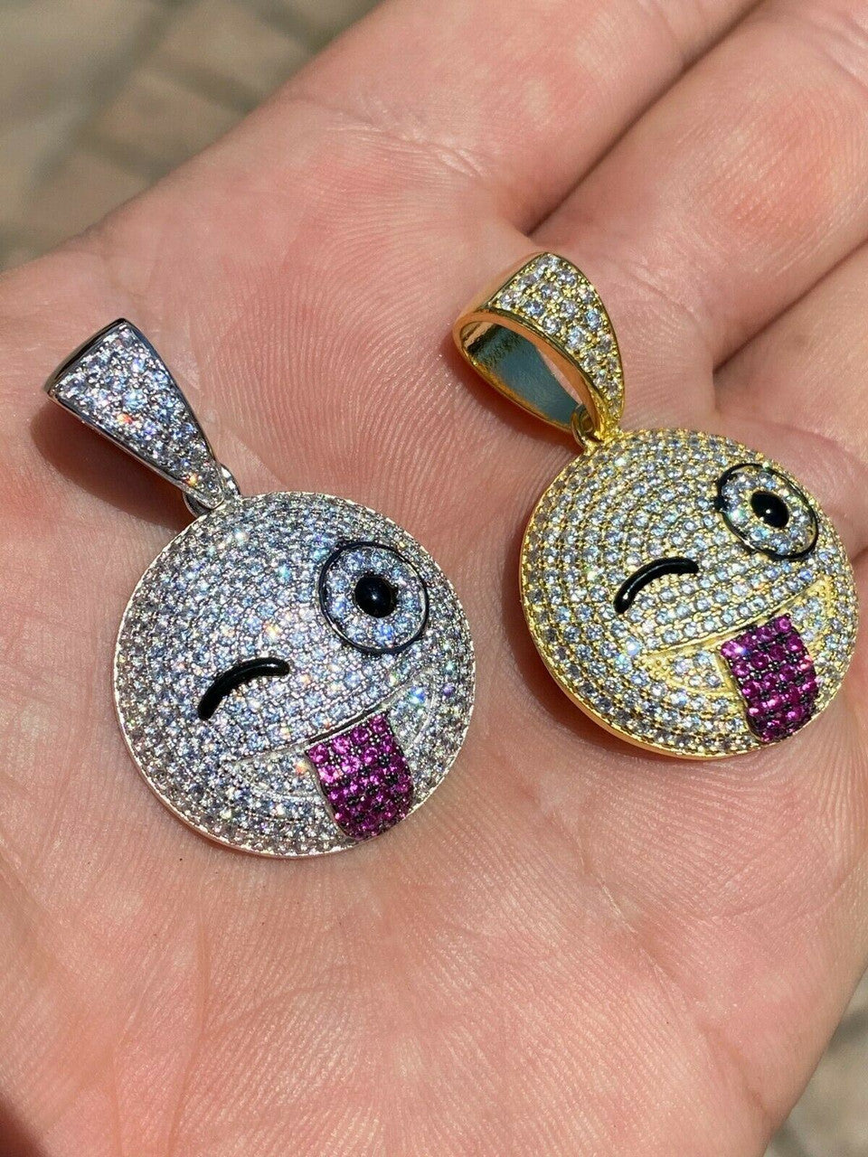 HarlemBling Real Solid 925 Silver Hip Hop Pendant Necklace Iced Wink Smiley Face Emoji