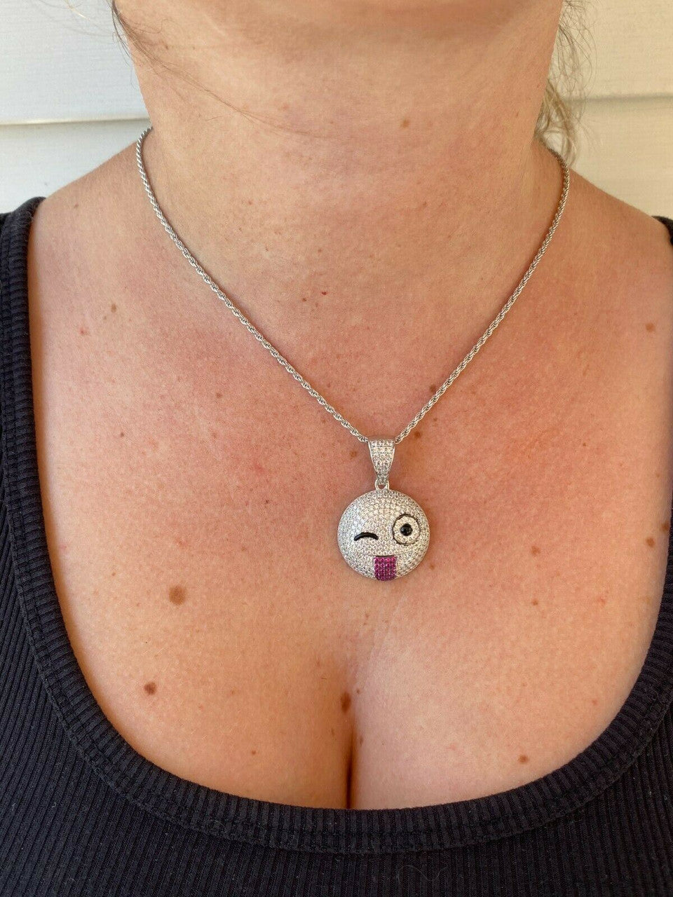 HarlemBling Real Solid 925 Silver Hip Hop Pendant Necklace Iced Wink Smiley Face Emoji