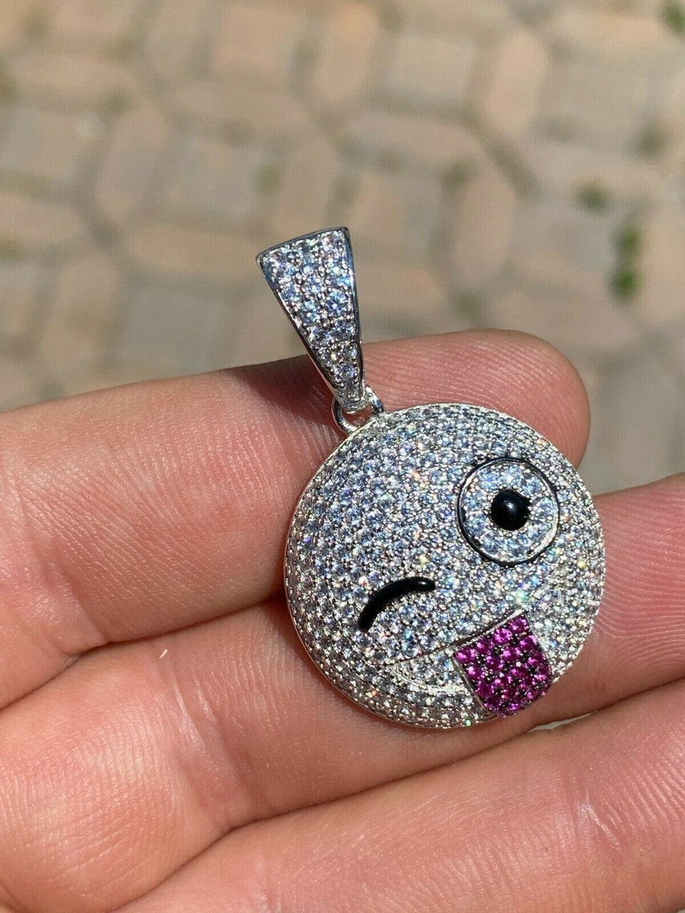 HarlemBling Real Solid 925 Silver Hip Hop Pendant Necklace Iced Wink Smiley Face Emoji