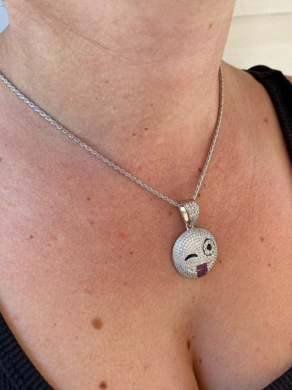 HarlemBling Real Solid 925 Silver Hip Hop Pendant Necklace Iced Wink Smiley Face Emoji