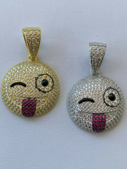 HarlemBling Real Solid 925 Silver Hip Hop Pendant Necklace Iced Wink Smiley Face Emoji