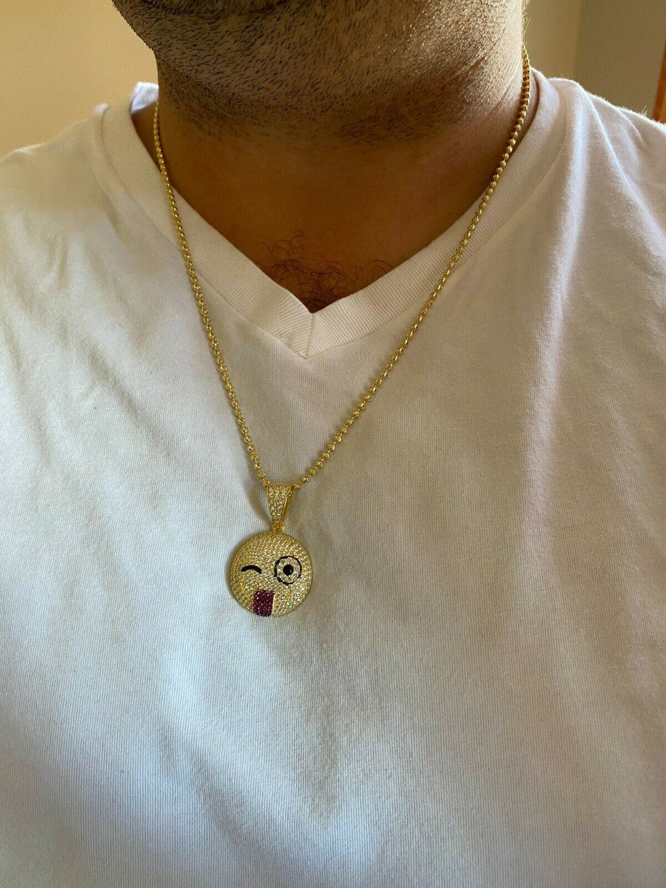 HarlemBling Real Solid 925 Silver Hip Hop Pendant Necklace Iced Wink Smiley Face Emoji