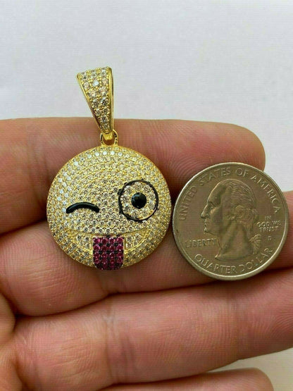 HarlemBling Real Solid 925 Silver Hip Hop Pendant Necklace Iced Wink Smiley Face Emoji
