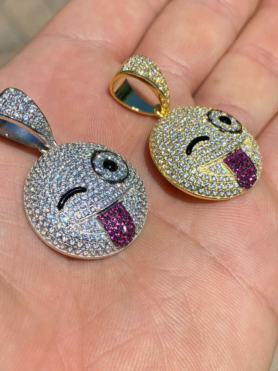 HarlemBling Real Solid 925 Silver Hip Hop Pendant Necklace Iced Wink Smiley Face Emoji