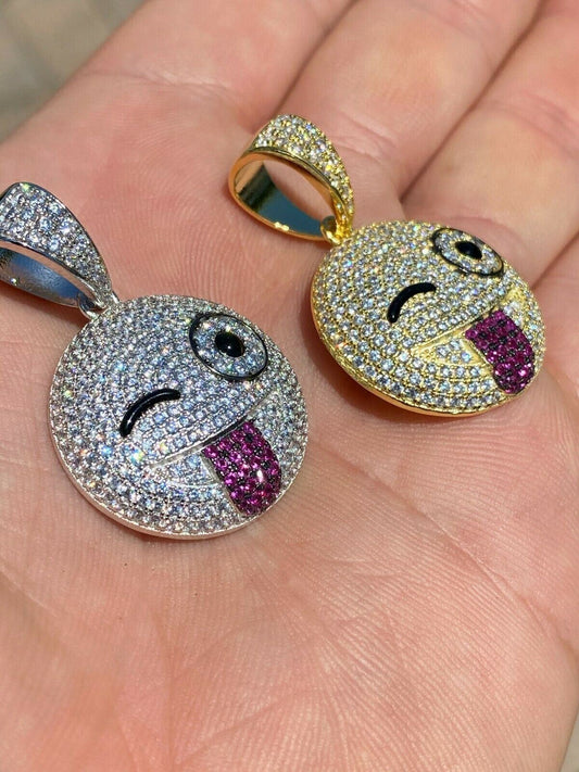 HarlemBling Real Solid 925 Silver Hip Hop Pendant Necklace Iced Wink Smiley Face Emoji