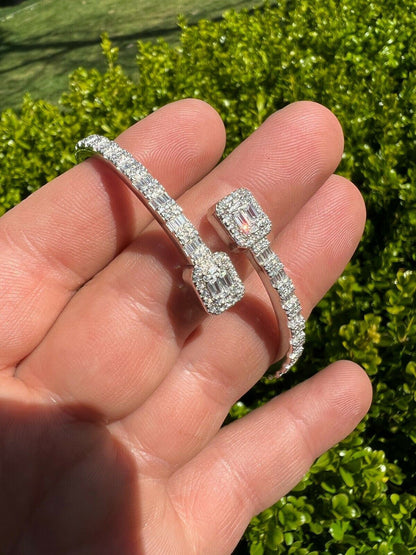 HarlemBling Real Solid 925 Silver Iced Baguette Bangle Cuff Bracelet 6-7.5 Man Made Diamond