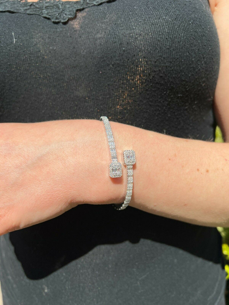 HarlemBling Real Solid 925 Silver Iced Baguette Bangle Cuff Bracelet 6-7.5 Man Made Diamond