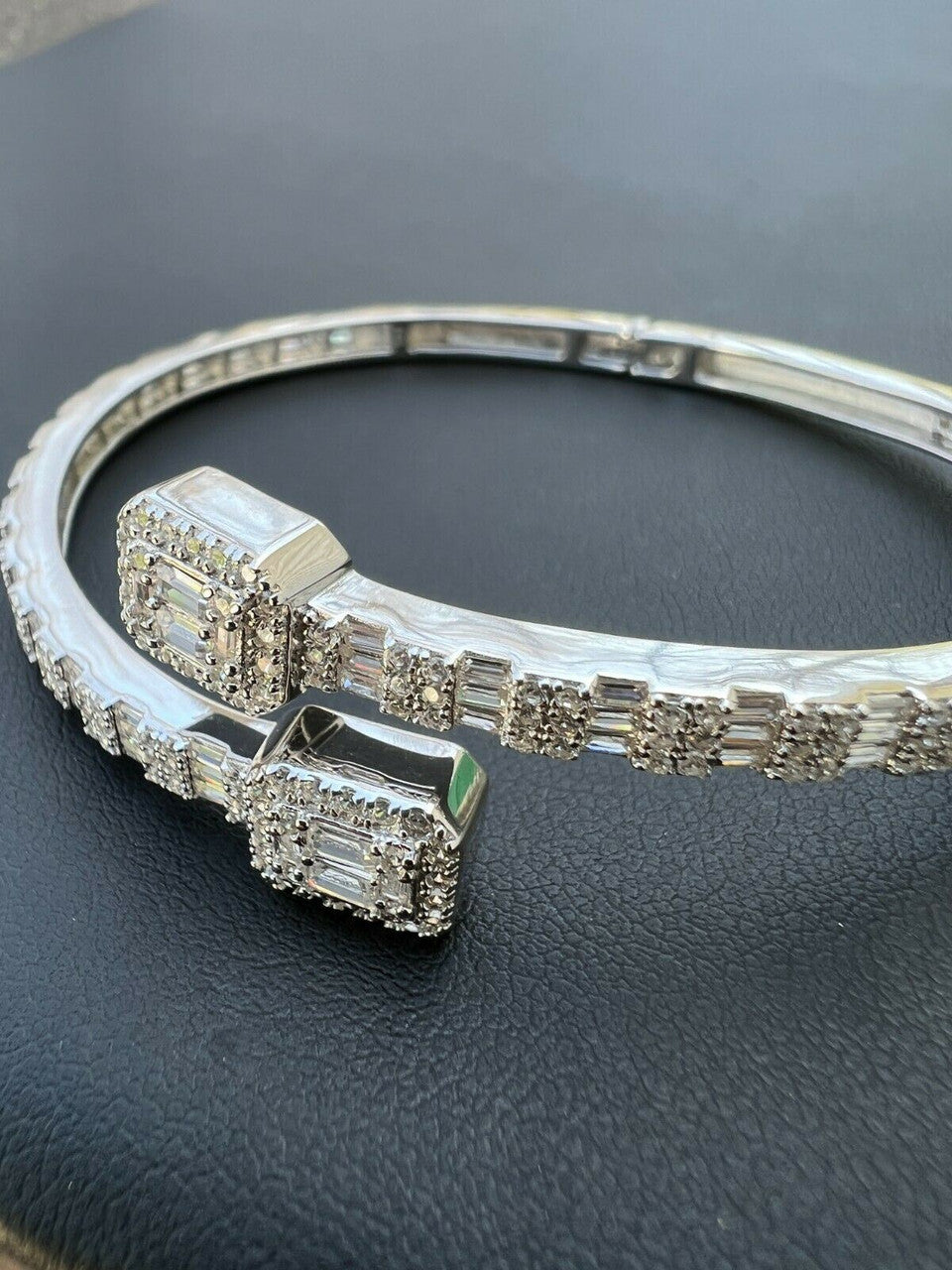 HarlemBling Real Solid 925 Silver Iced Baguette Bangle Cuff Bracelet 6-7.5 Man Made Diamond