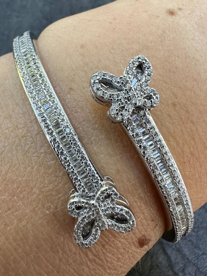 HarlemBling Real Solid 925 Silver Iced Baguette Butterfly Bangle Ladies Bracelet 5-7"  CZ