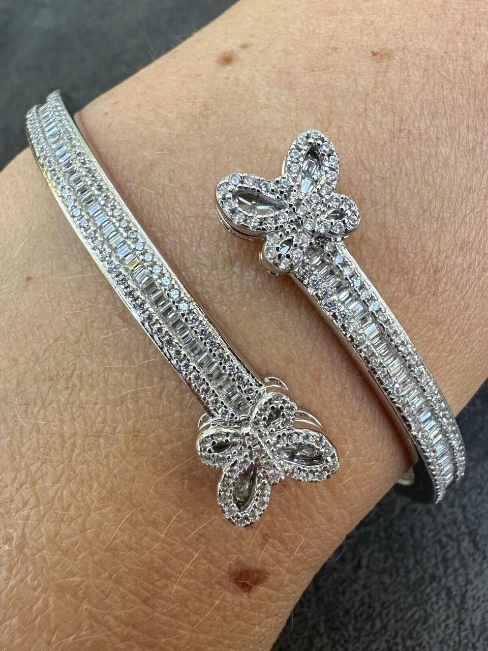 HarlemBling Real Solid 925 Silver Iced Baguette Butterfly Bangle Ladies Bracelet 5-7"  CZ