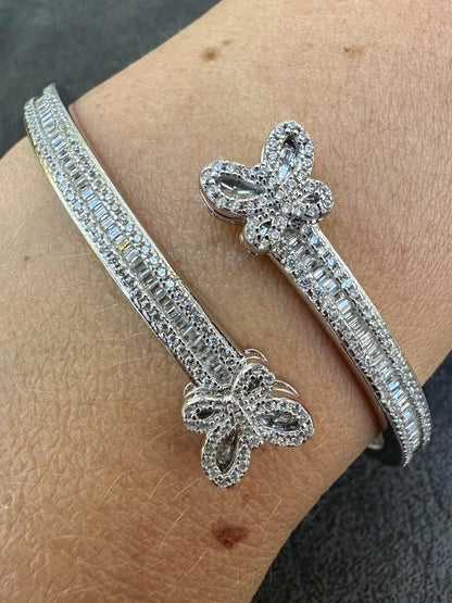 HarlemBling Real Solid 925 Silver Iced Baguette Butterfly Bangle Ladies Bracelet 5-7"  CZ
