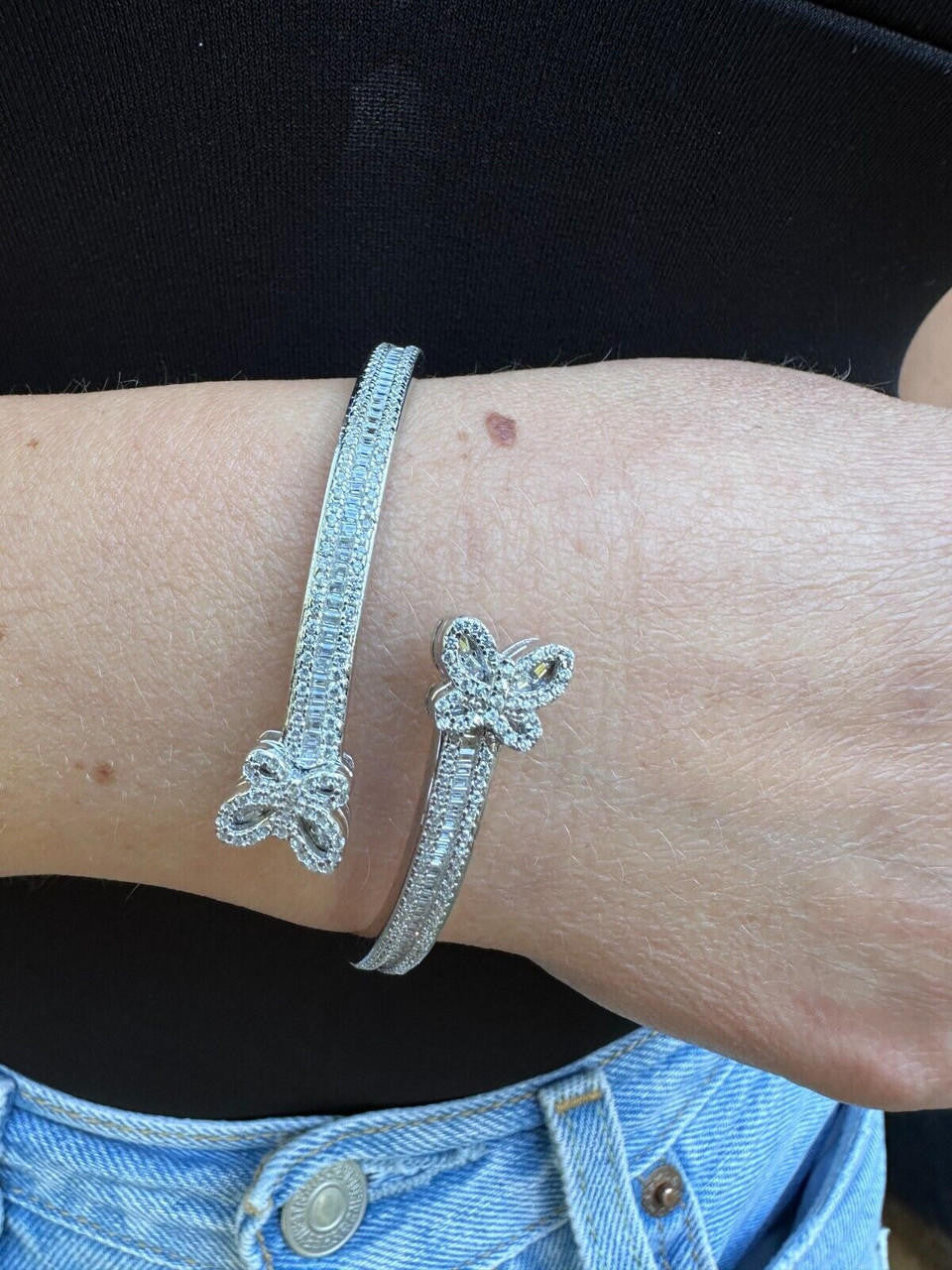 HarlemBling Real Solid 925 Silver Iced Baguette Butterfly Bangle Ladies Bracelet 5-7"  CZ