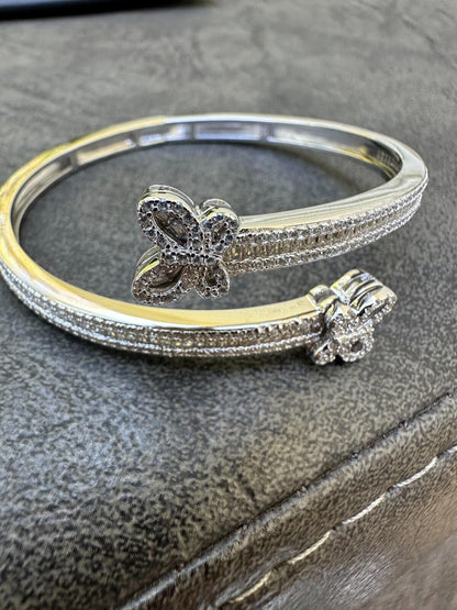HarlemBling Real Solid 925 Silver Iced Baguette Butterfly Bangle Ladies Bracelet 5-7"  CZ