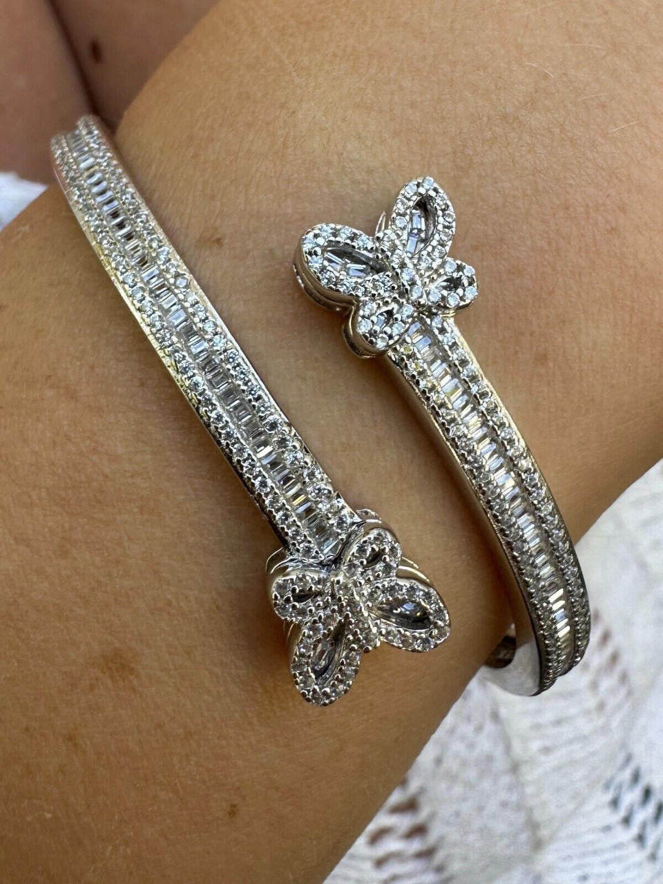 HarlemBling Real Solid 925 Silver Iced Baguette Butterfly Bangle Ladies Bracelet 5-7"  CZ
