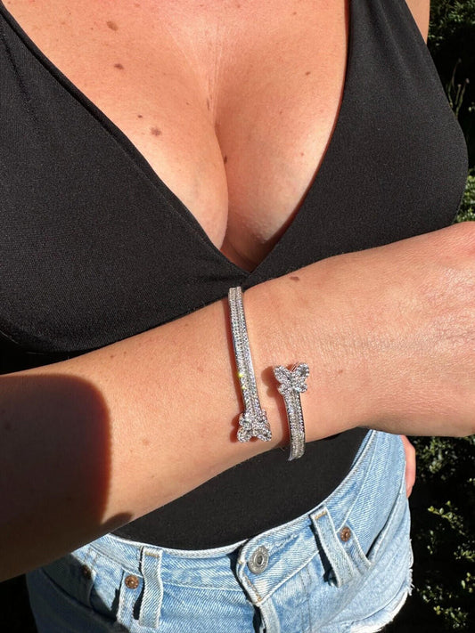 HarlemBling Real Solid 925 Silver Iced Baguette Butterfly Bangle Ladies Bracelet 5-7"  CZ