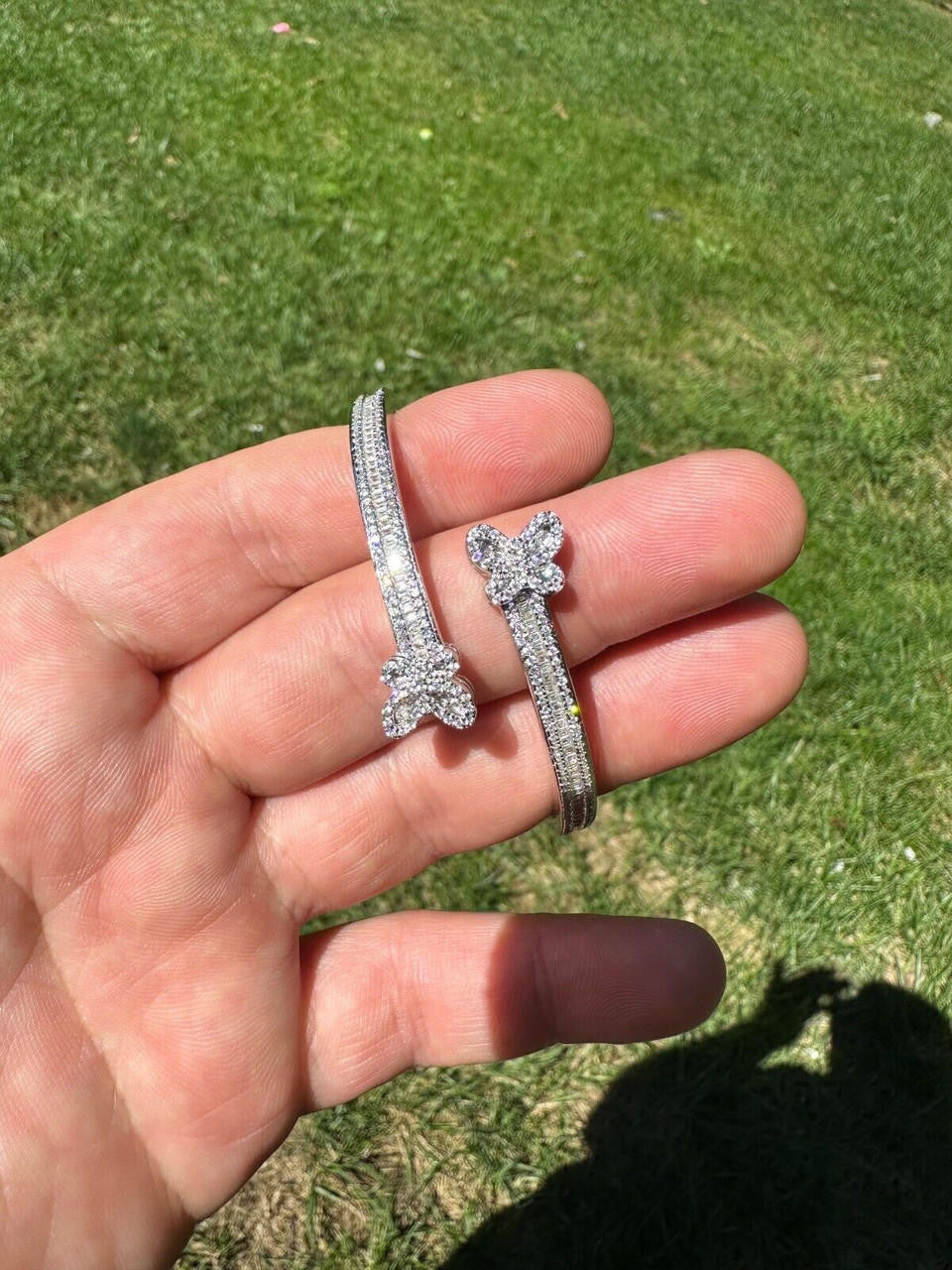 HarlemBling Real Solid 925 Silver Iced Baguette Butterfly Bangle Ladies Bracelet 5-7"  CZ